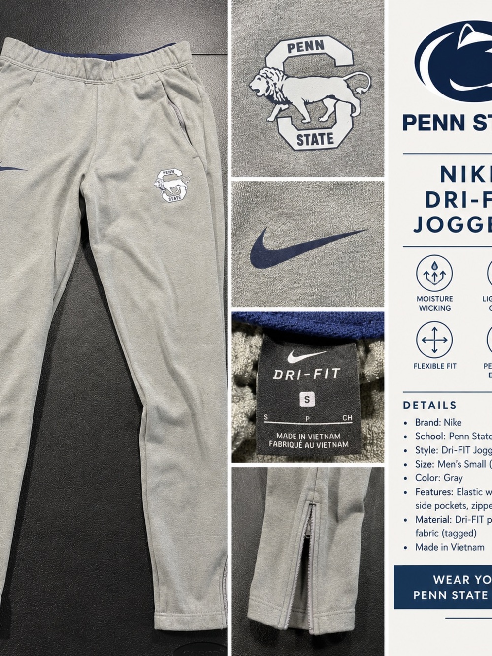 Nike Penn State Dri-FIT Jogger Pants Men’s Small Gray Nittany Lions Zip Ankle
